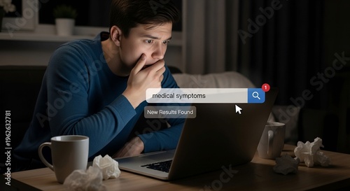 Worried Man Searching Medical Symptoms Online Late at Night — Health Anxiety and Cyberchondria Concept