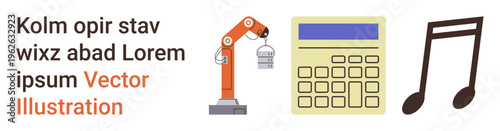 STEM education, industrial machinery, innovation, music, automation, creativity. A robotic arm, a calculator and a musical note. STEM education and industrial machinery