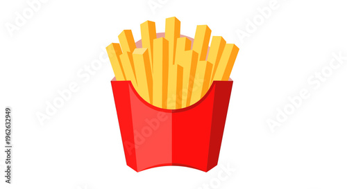 Stylized vector illustration of french fries in a red paper container on white backdrop