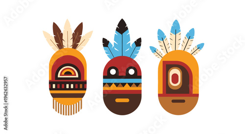 Stylized vector illustration of traditional tribal masks evoking cultural heritage and ancient