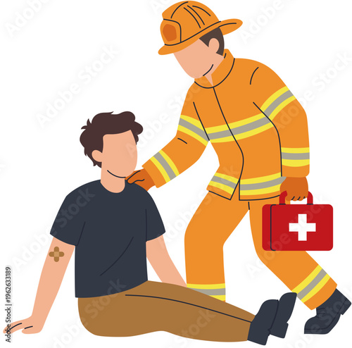 Firefighter Assisting Injured Person with First Aid