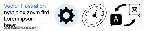 Language translation, communication tools, efficiency, time management, software interface, multilingual platforms. Gear, clock and translation icons . Language translation and communication tools