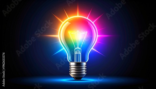 Bright rainbow light bulb glowing with colorful energy and radiant innovation