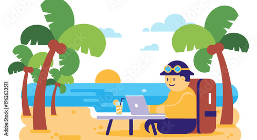 Man working on laptop at beach with palm trees and surfboard nearby