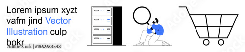 Data analysis, e-commerce, technology solutions, online shopping, research tools, business process. Server tower, person examining with a magnifying glass shopping cart. Data analysis and e-commerce