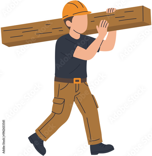construction worker carrying wood beam