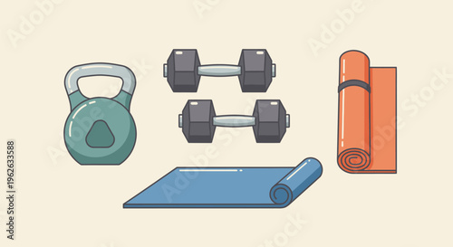 A fitness setup with kettlebell, dumbbells, yoga mat, and rolled towels on the floor