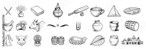 India Culture and Traditional Icons Set with Cricket Samosa Cow Temple and Heritage Elements Sketch