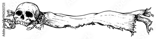 Human Skull with Torn Cloth Banner Spooky Gothic Macabre Sketch for Halloween Design