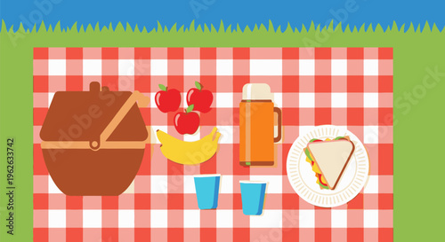 A colorful picnic scene with food and drinks on a red checkered tablecloth outdoors