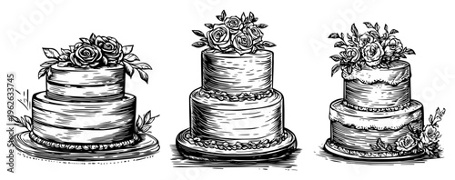 Wedding Cakes Collection with Roses and Floral Toppers Hand Drawn Sweet Celebration Dessert Sketches