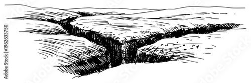 Canyon Landscape Sketch Rugged Valley and Split Earth Terrain Wilderness Nature Illustration