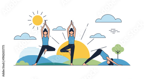 People practice yoga on hills with sun and clouds in the background