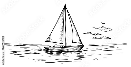 Sailboat on the Sea with Horizon and Clouds Hand Drawn Nautical Landscape Illustration