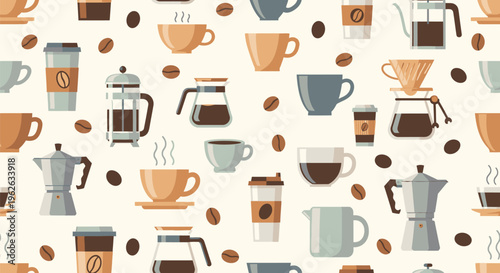 A collection of various coffee cups and coffee makers with coffee beans scattered around on a table indoors.