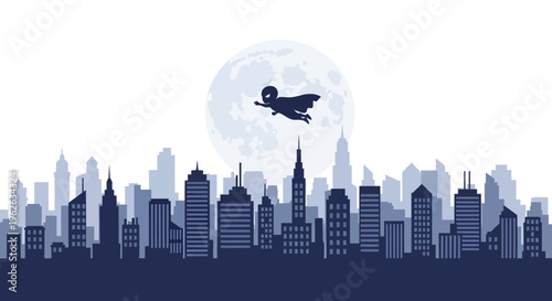 Superhero flying over city, vector illustration, flat design, urban concept, power and freedom.