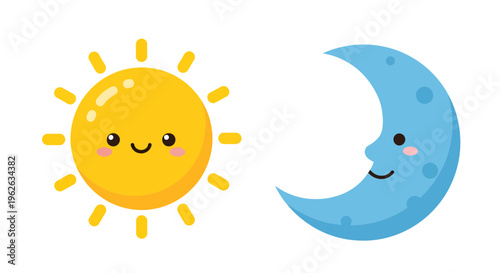 Sun and Moon Vector Illustration, Flat Design, Day and Night Concept for Design