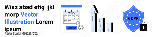 Finance, security, GDPR compliance, data analysis, online privacy, business growth. Calendar with annual fee, growth chart GDPR shield with lock. Financial security and GDPR compliance concept