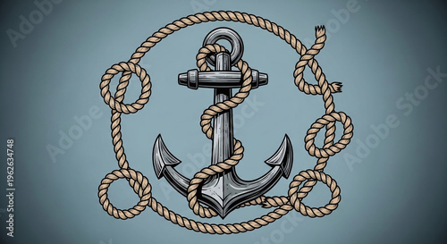 An anchor wrapped with a rope on a blue background