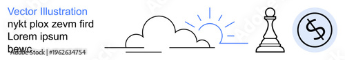 Strategic planning, financial growth, decision-making, investment opportunities, career progress, success. Chess piece, currency symbol sunrise as icons. Strategic planning and financial growth