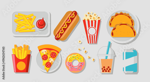 A variety of colorful fast food items are arranged on plates and in containers on a table indoors.