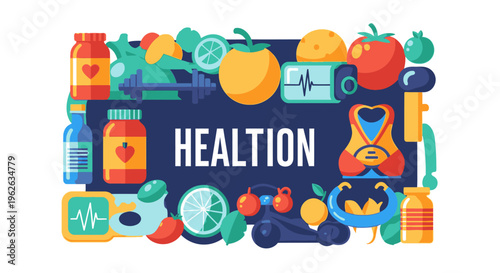 A vibrant illustration of various healthy food and fitness items surrounding the word HEALTION in a colorful graphic design.