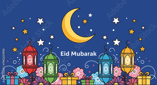 Eid Mubarak celebration with lanterns and gifts under a starry night sky with crescent moon