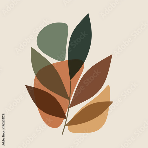 A stylized illustration of a LEAF arrangement in various earthy tones and colors
