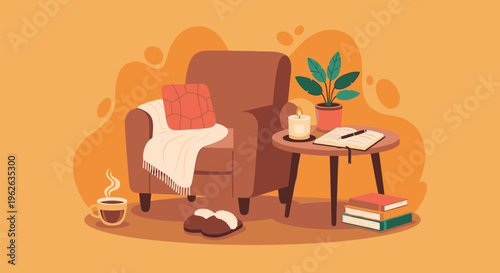 Person relaxing on armchair with books and coffee table indoors