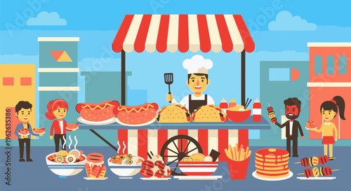 People enjoying food at a vibrant street market with a chef