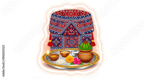 Vibrant indian puja thali with decorative temple background and traditional worship items on a golden tray