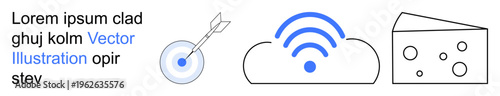 Digital communication, internet technology, precision, target focus, food, and design. a target with an arrow, a wireless symbol on a cloud and a cheese icon. Internet technology and precision