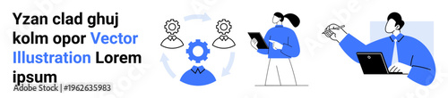 Teamwork, collaboration, project management, workflow optimization, productivity, business strategy. Abstract gear, people icons and professionals holding tablets and files. Teamwork
