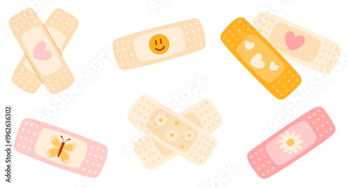 A set of medical plasters. Cute children's patches with funny pictures.