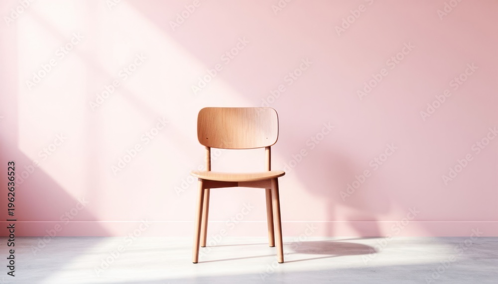 Fototapeta premium Minimalist wooden chair in soft pink gradient studio background with natural light