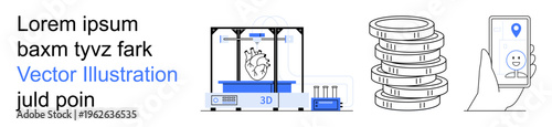 Technology, 3D printing, finance, navigation, innovation, and digital tools. 3D printer with heart model, coin stack and smartphone with GPS. Technology and digital tools