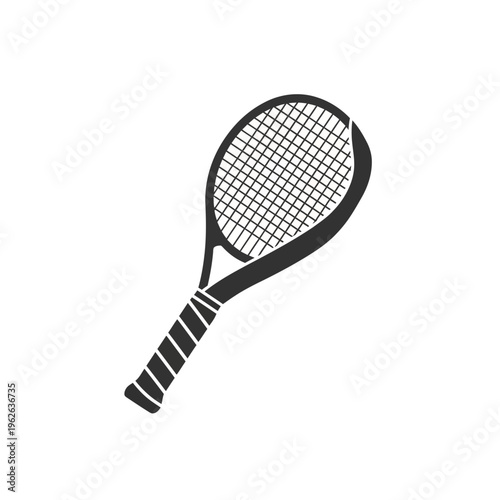Minimalist tennis racket illustration for athletic game design. Simple black graphic of a professional sports tool, perfect for active lifestyle and recreational themes