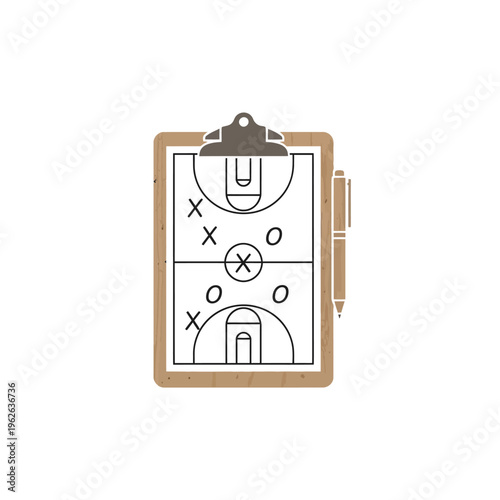Basketball strategy on a clipboard with a pen, illustrating game plays and tactics for offense and defense