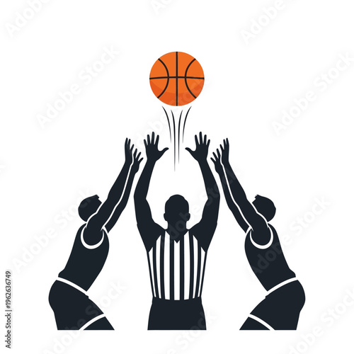 Clean graphic illustration of basketball jump ball action with players and referee competing for the airborne ball