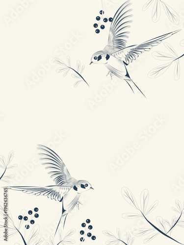 background with beautiful bird and floral frame