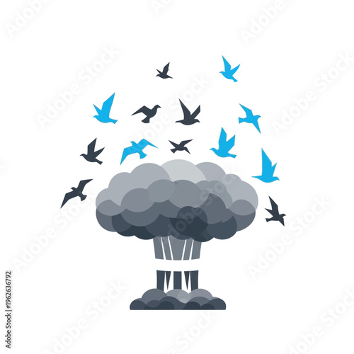 Birds flying away from a mushroom cloud.