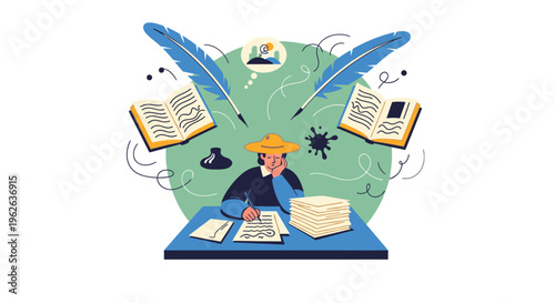 A person in hat studies books on table with insects and feathers nearby