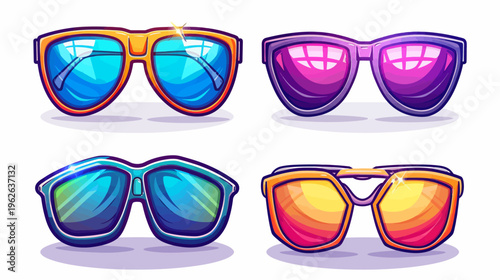 Four cartoon style sunglasses, each with a different color frame and gradient lenses