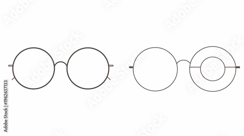 Two pairs of round glasses, one with a monocle effect, drawn in thin, brown lines