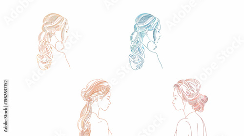 Line art of women's hairstyles. Different shades, elegant and refined on a white backdrop