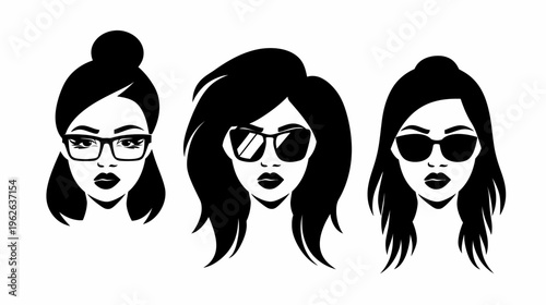 Vector illustration of three women with different hairstyles, glasses, and sunglasses