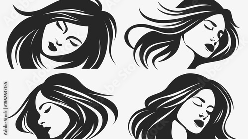 Four stylized illustrations of women with flowing hair in black on a white backdrop
