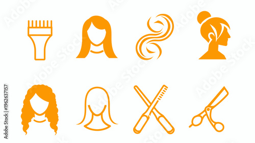 Orange icons depict hair styles, tools like brush, shears and combs on white