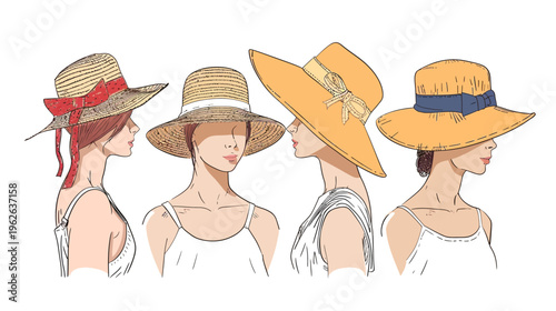 Four women wearing summer hats, cartoonish style, side view, minimalist dresses, white background