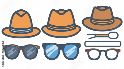 Illustration shows hats, sunglasses, hairpin, and glasses in simple, graphic style